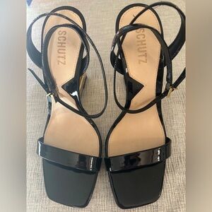 SCHUTZ Black Patent Leather Square-Toe Strappy Heels